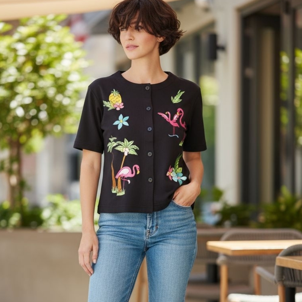 Needle & Thread Petite Small Flamingo Tropical Embroidered Button Top